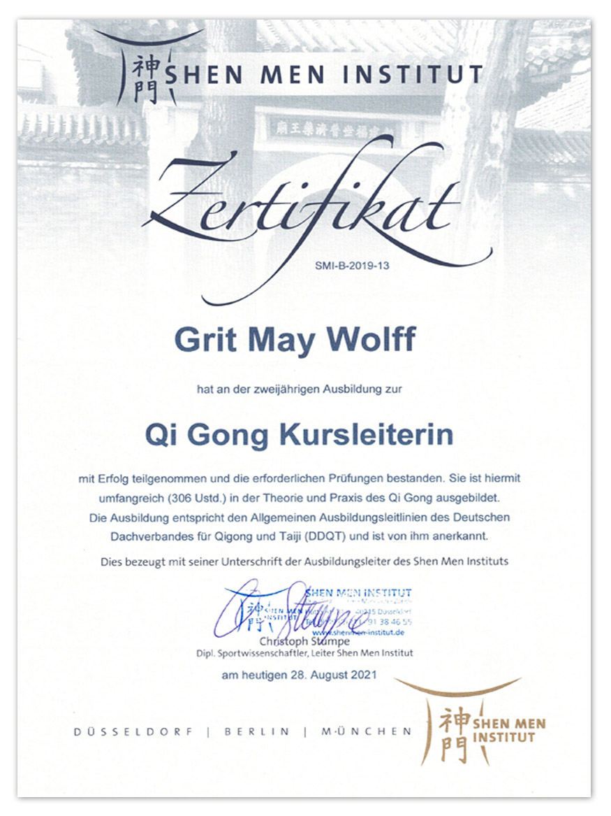 Ausbildungszertifikat Qi Gong von 2021