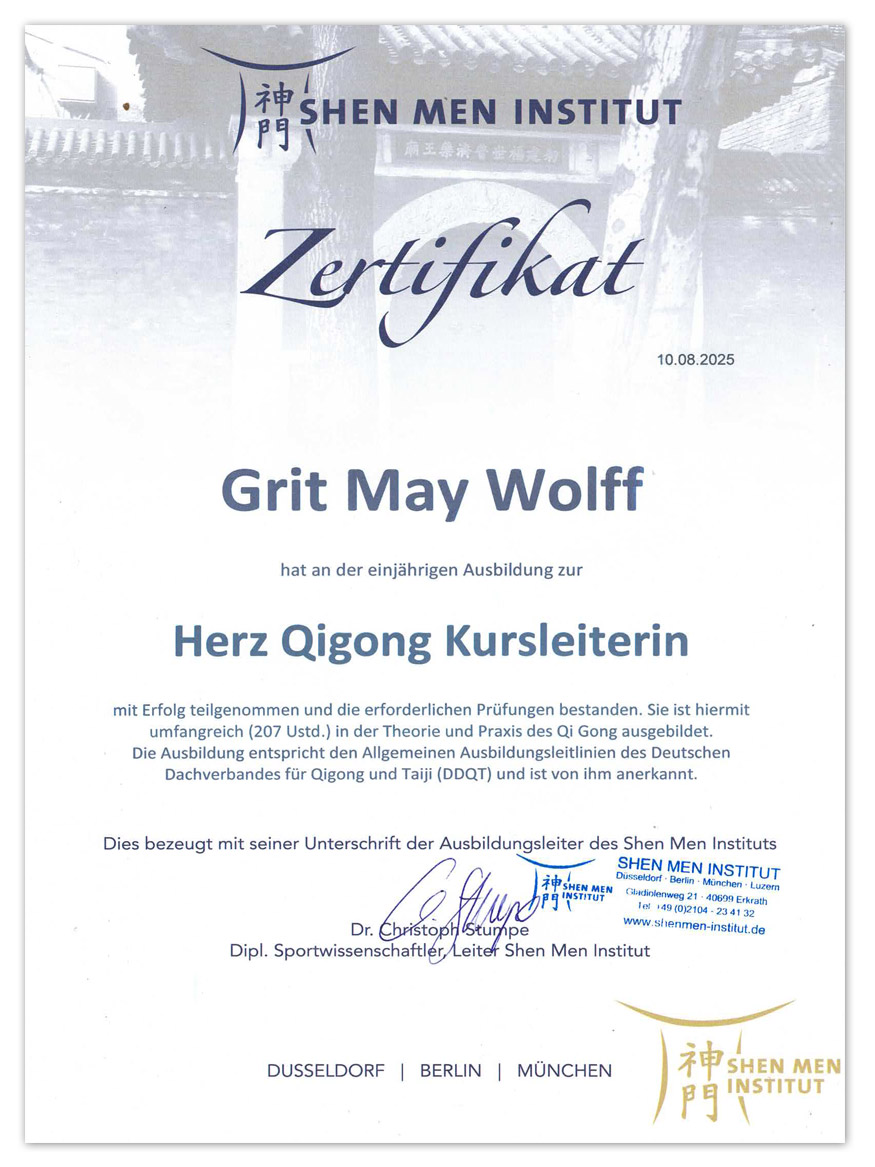 Ausbildungszertifikat Herz Qi Gong Kursleiterin von 2025