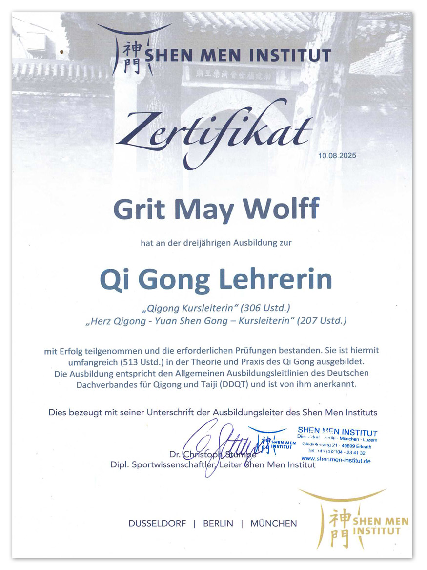 Ausbildungszertifikat Qi Gong Lehrerin von 2025